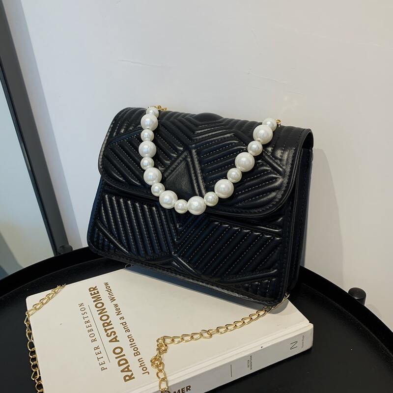 

Faux Pearl Handle Satchel Bag, Black