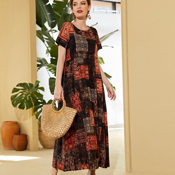 

Color-block Scarf Print Smock Dress, Multicolor