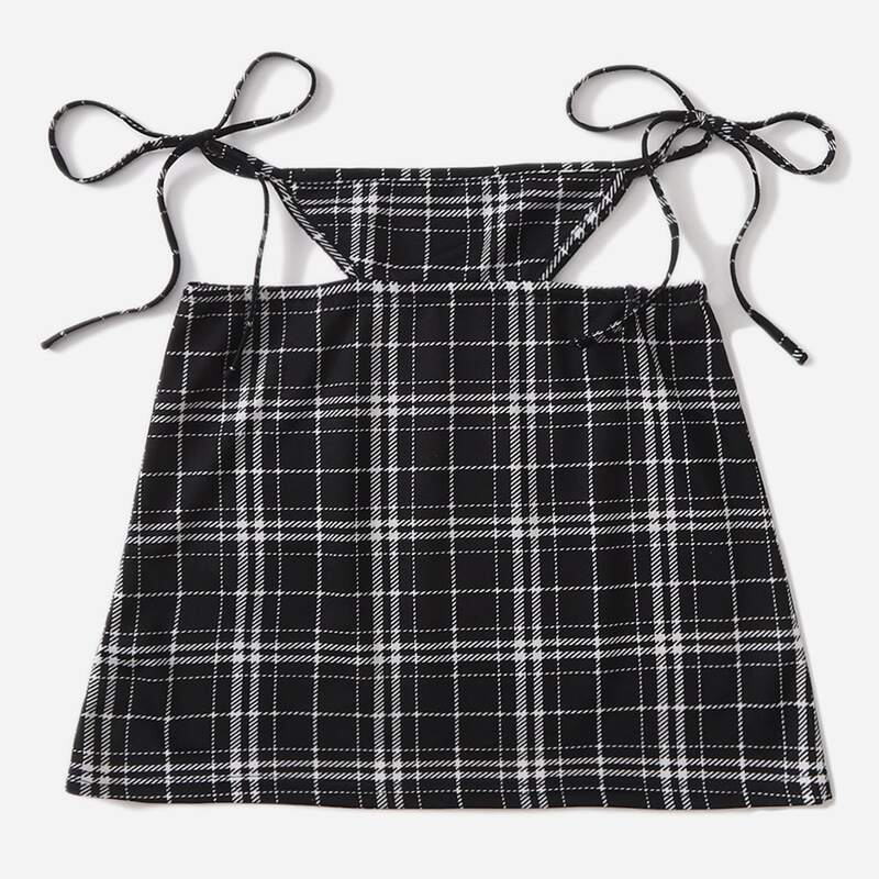 

Plaid Knot Strap Cut Out Skirt, Black and white