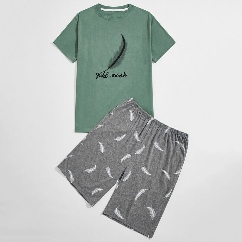 

Guys Feather And Letter Graphic Slant Pocket PJ Set, Multicolor