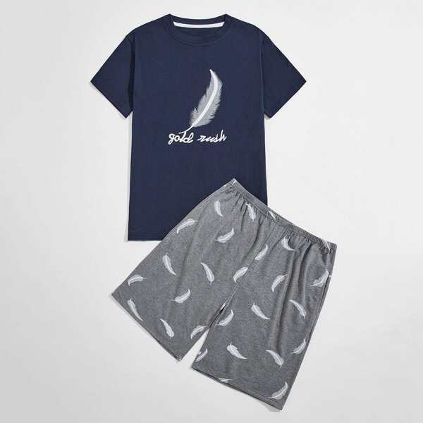 

Men Feather And Letter Graphic Slant Pocket PJ Set, Multicolor