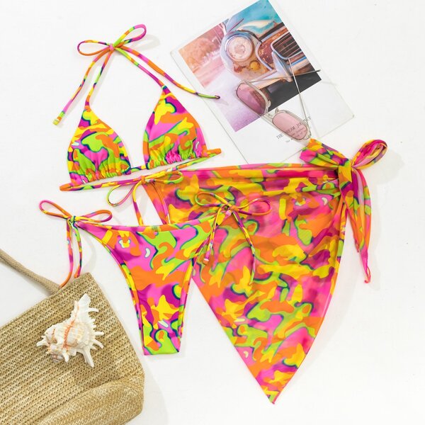 

3pack Allover Print Bikini Swimsuit With Cover Up, Multicolor