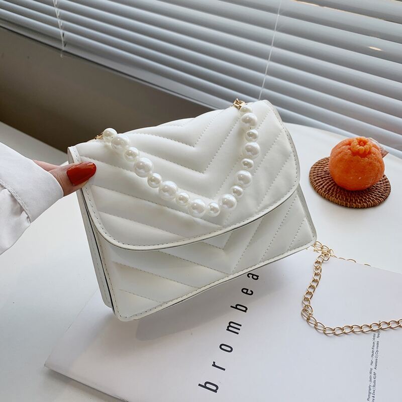 

Faux Pearl Handle Chevron Satchel Bag, White