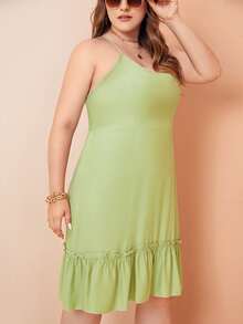 SHEIN Unity 大碼露背荷葉邊吊帶連衣裙 - 青檸色 - 查看 5