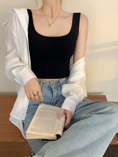 Honeyspot ソリッド スクープネック クロップタンクトップの画像