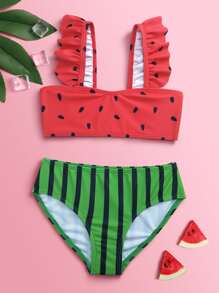 Young Girl Watermelon Pattern Ruffle Hem Bikini Set Summer Beach - Multicolor - View 1