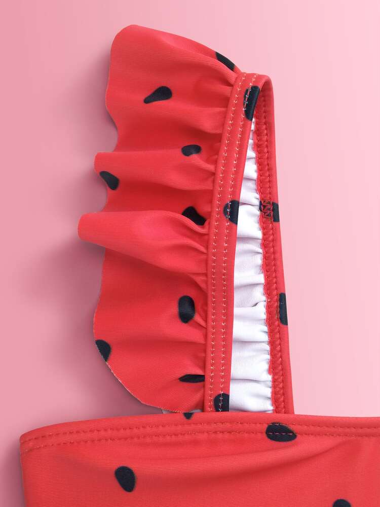 Young Girl Watermelon Pattern Ruffle Hem Bikini Set Summer Beach - Multicolor - View 3