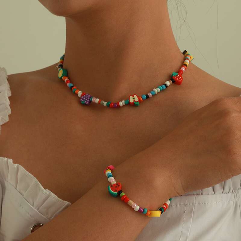 

1pc Fruit Beaded Necklace & 1pc Bracelet, Multicolor