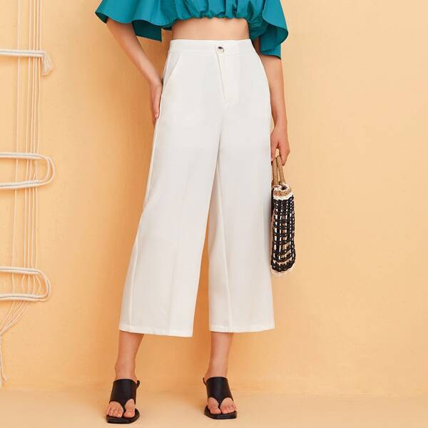 

High Waist Single Button Wide Leg Pants, Beige