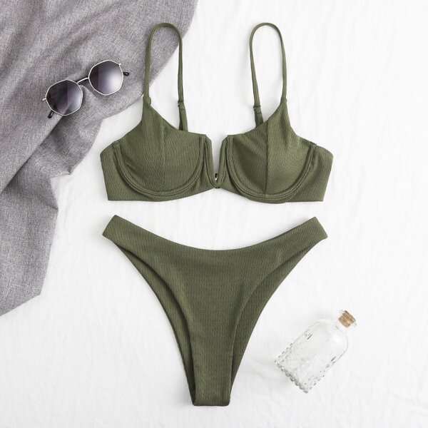 

Rib V Wired Underwire High Cut Bikini Swimsuit, Army green