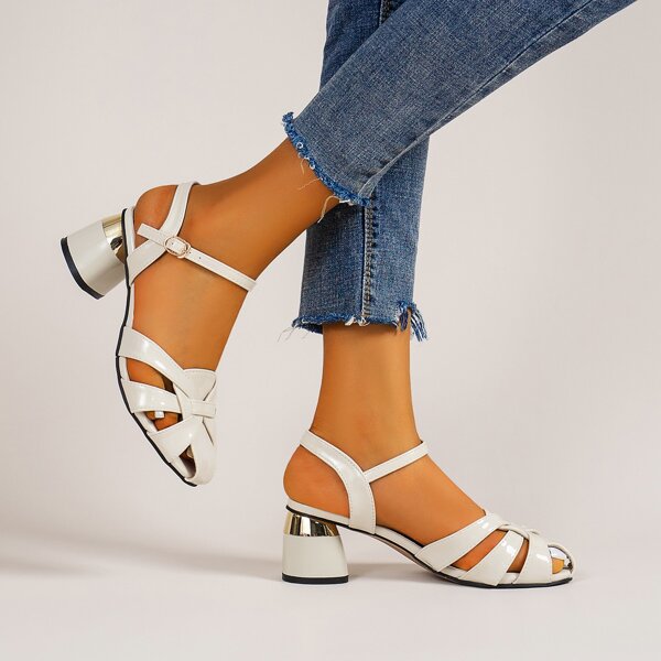 

Minimalist Hollow Out Ankle Strap Chunky Pumps, White