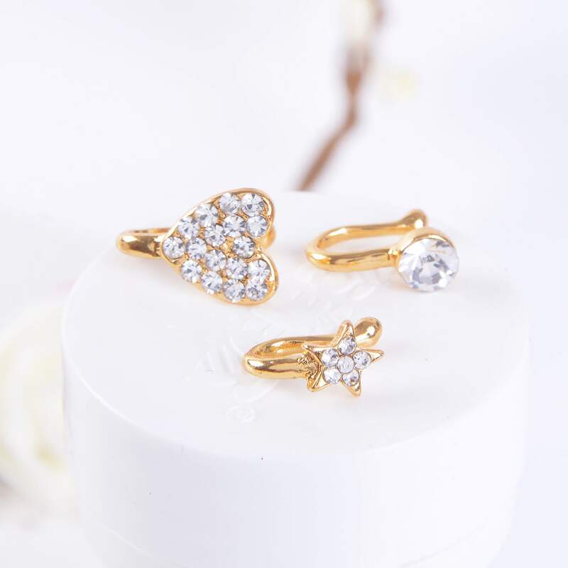 

3pcs Rhinestone Decor Nose Ring, Gold