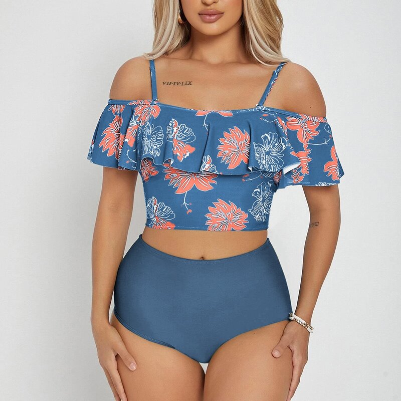 

Leaf Pattern Flounce Bikini Swimsuit, Dusty blue
