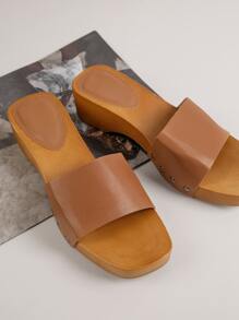 1 Pair Pleather Studded Slip-On Clog Sandals - Brown - View 4