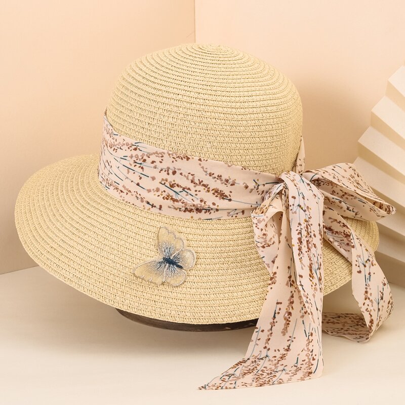 

Butterfly Patch Bow Knot Straw Hat, Beige