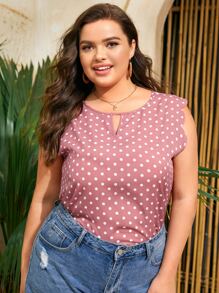 SHEIN Clasi Plus Keyhole Neck Polka Dot Top - Dusty Pink - View 1