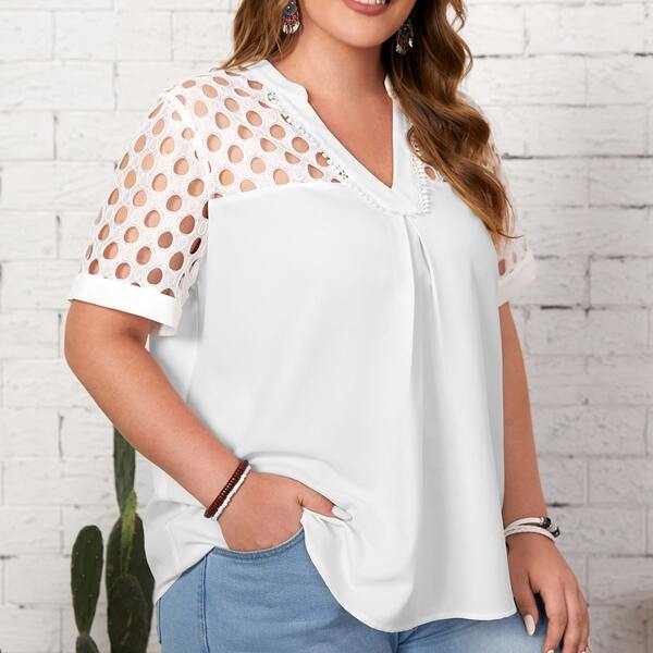 

Plus Notch Neck Guipure Lace Yoke Top, White