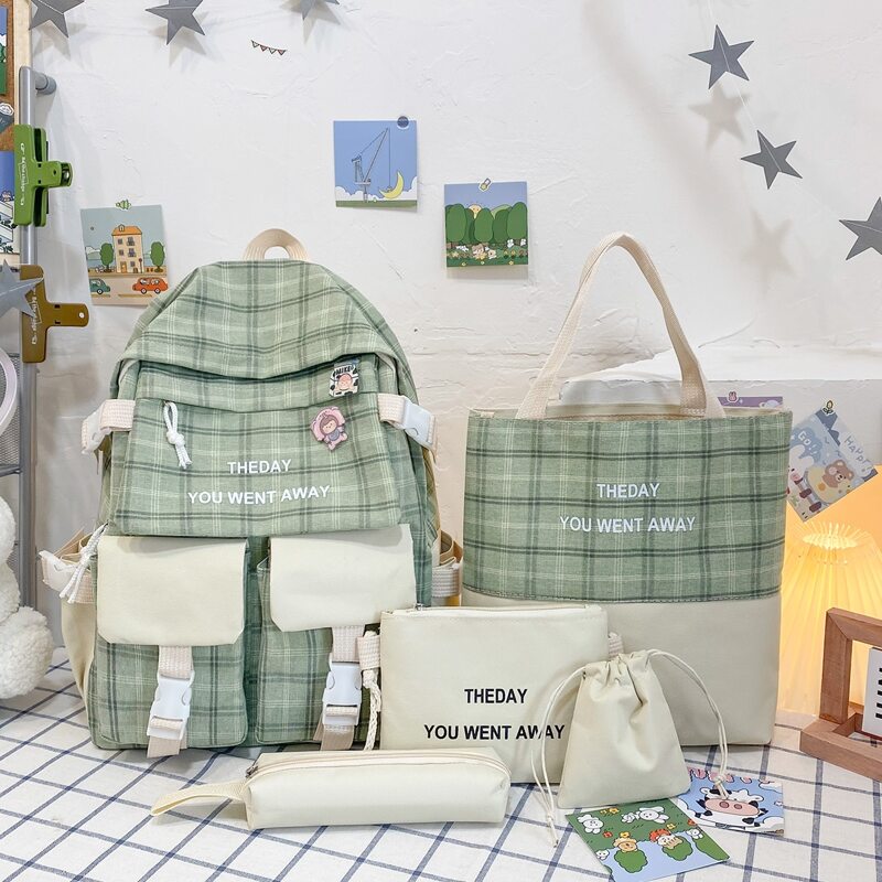 

5pcs Plaid Backpack Set, Green