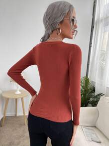 BizChic 螺紋針織修身套頭毛衣工作服 - 酒紅色 - 查看 2