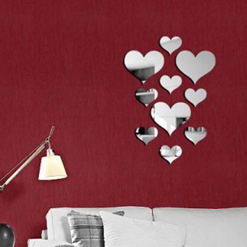 

10pcs Heart Shaped Mirror Surface Wall Sticker, Silver