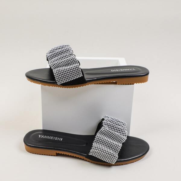 

Ruched Flat Slide Sandals, Black