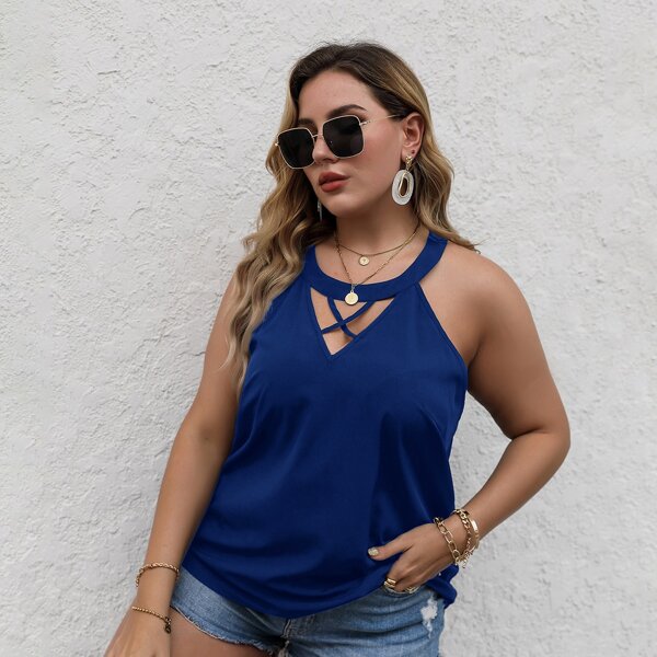 

Plus Solid Criss Cross Halter Top, Navy blue