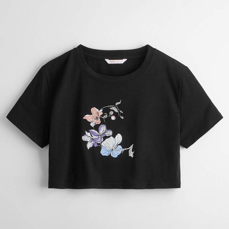 

Floral Graphic Boxy Crop Tee, Black