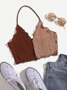SHEIN EZwear Lettuce Trim Halter Top - Brown - View 1