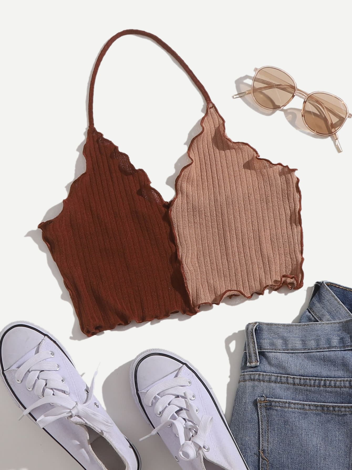 SHEIN EZwear Lettuce Trim Halter Top - Brown - View 1