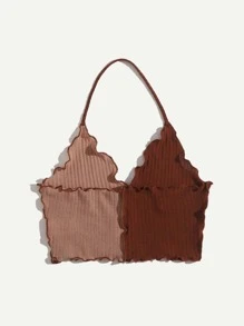 SHEIN EZwear Lettuce Trim Halter Top - Brown - View 2