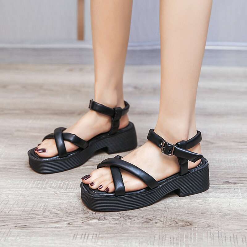 

Cross Strap Eyelet Buckle Sandals, Black