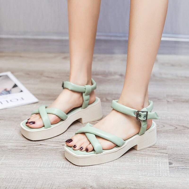 

Cross Strap Eyelet Buckle Sandals, Green