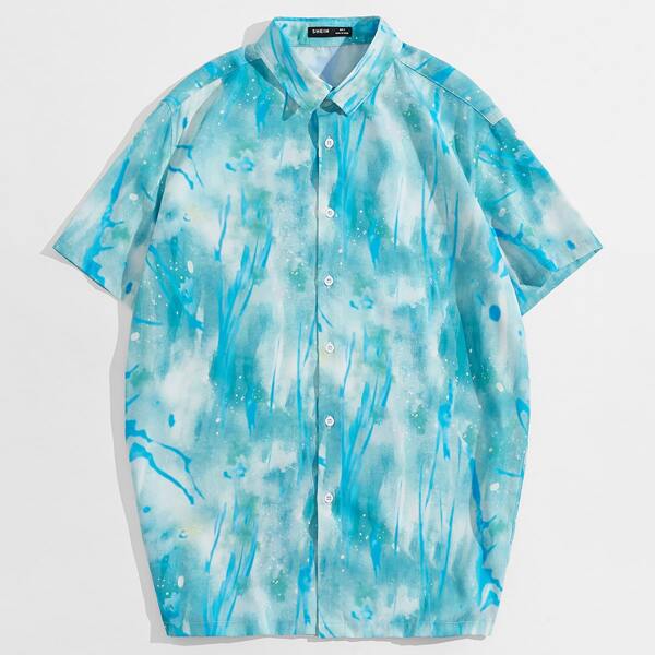 

Men Tie Dye Painting Splash Button Up Shirt, Baby blue
