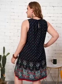 EMERY ROSE Plus Paisley And Geo Print Keyhole Back Dress For Summer - Navy Blue - View 2