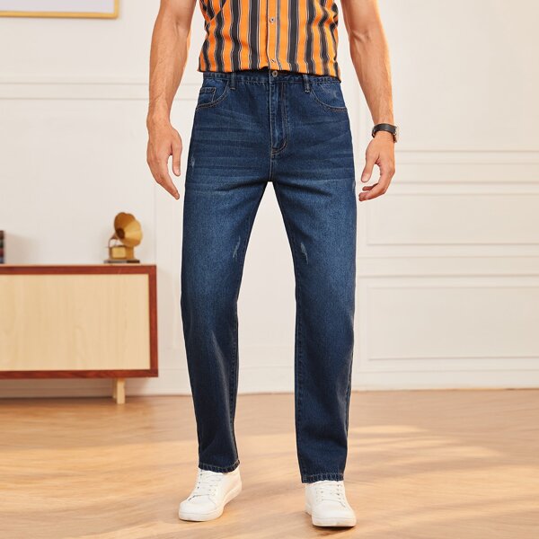 

Men Slant Pocket Ripped Straight Leg Jeans, Dark wash