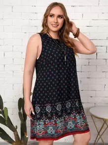 EMERY ROSE Plus Paisley And Geo Print Keyhole Back Dress For Summer - Navy Blue - View 5
