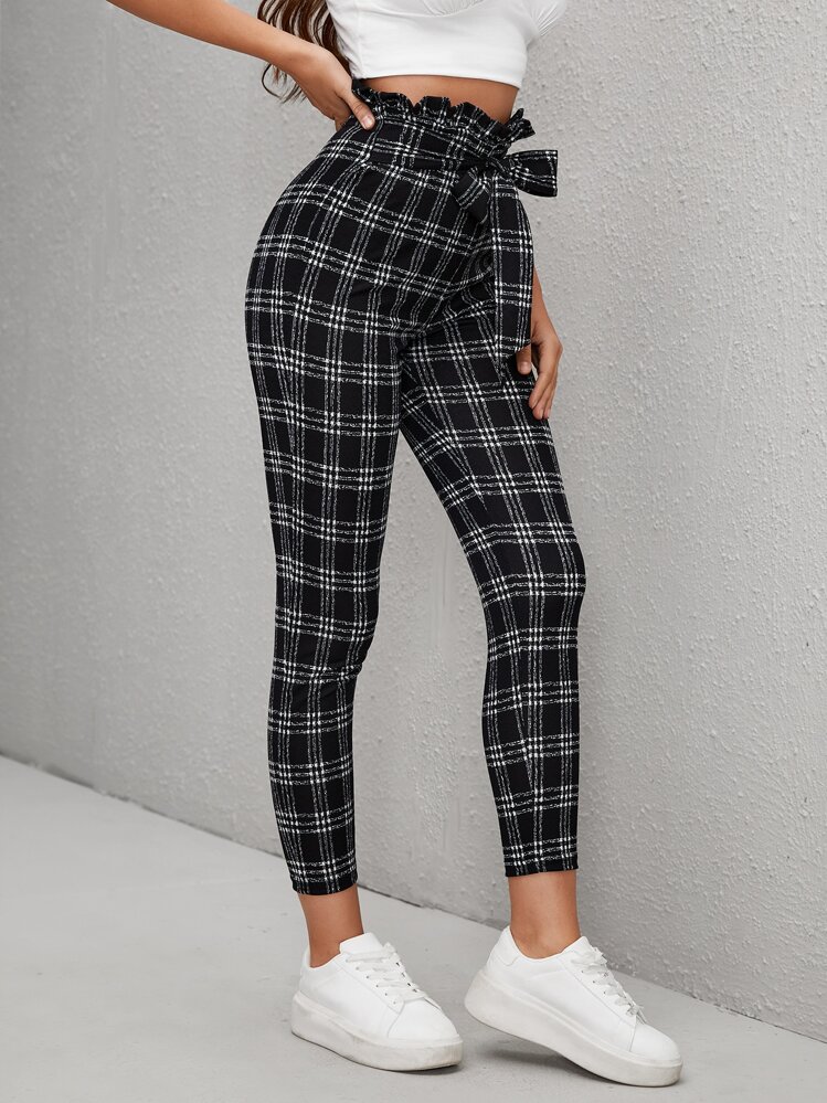 SHEIN Essnce 格紋前打結褶邊長褲 - 黑與白 - 查看 1