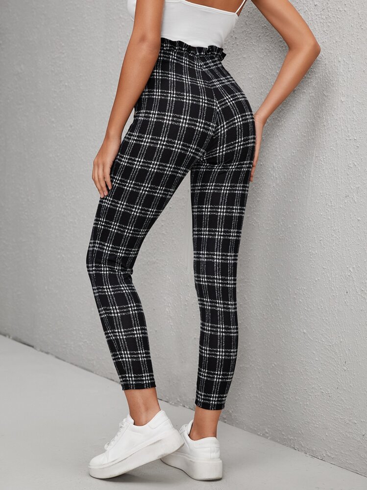 SHEIN Essnce 格紋前打結褶邊長褲 - 黑與白 - 查看 2