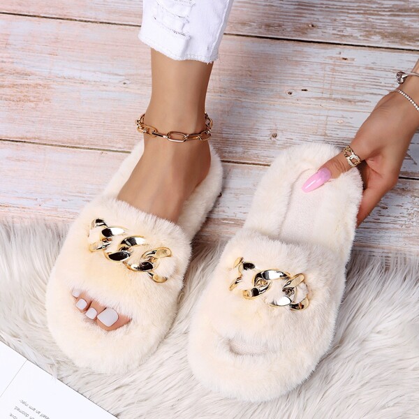 

Chain Decor Fluffy Slippers, Beige