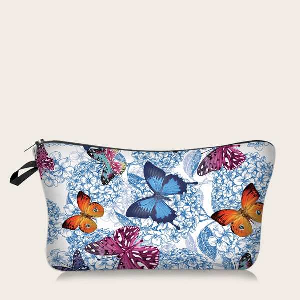 

Butterfly & Flower Pattern Zippered Makeup Bag, Blue
