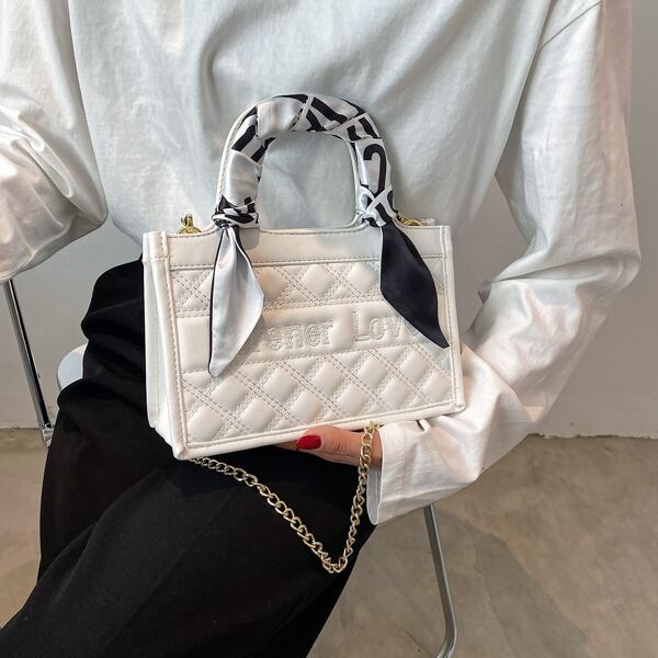 

Twilly Scarf Decor Quilted Satchel Bag, White