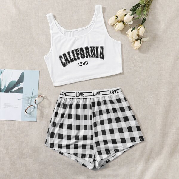 

Plus Letter & Plaid Print Pajama Set, Black and white