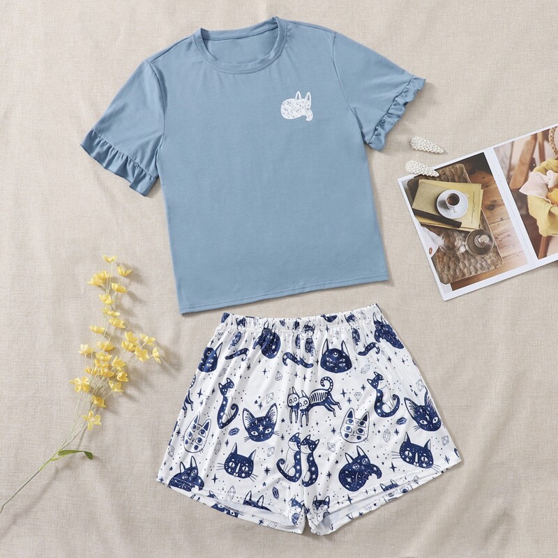 

Plus Cat Print Frill Trim Tee & Shorts PJ Set, Blue and white