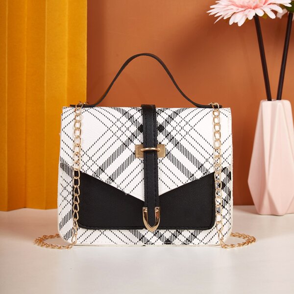 

Tartan Flap Satchel Bag, Black