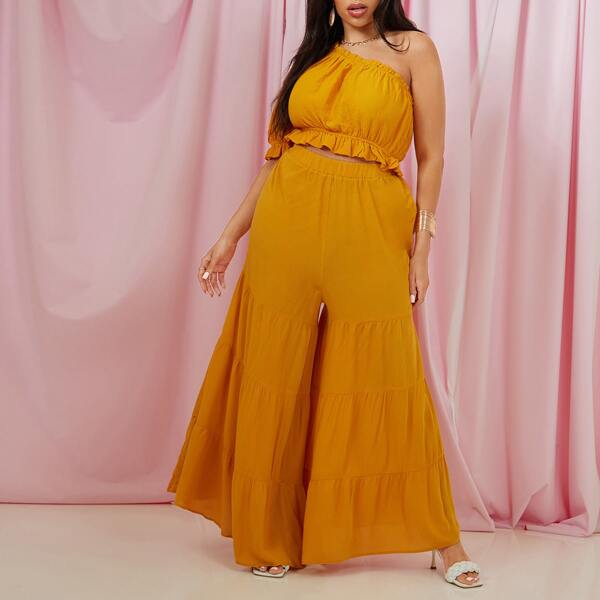 

Plus Flounce Hem Wide Leg Pants, Yellow