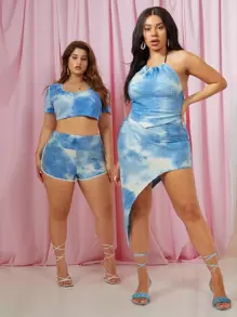 SHEIN SXY Plus 1pc Tie Dye Halter Top & 1pc Asymmetrical Hem Skirt Set - Blue - View 3