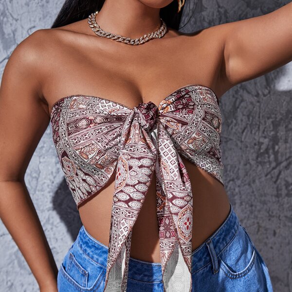

Plus Paisley Print Knot Front Tube Top, Multicolor