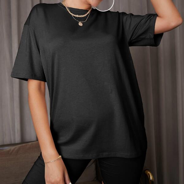 

Solid Drop Shoulder Tee With Biker Shorts, Black