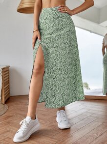 SHEIN VCAY Váy Tách cao Họa tiết hoa Boho - màu xanh lá - Xem 4