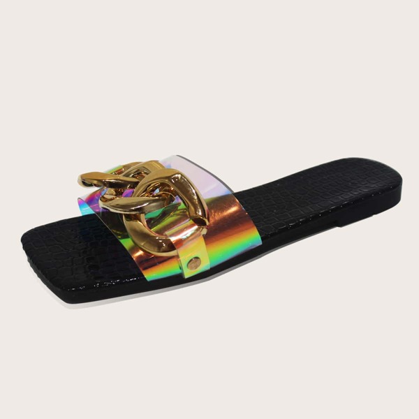 

Metal Decor Holographic Print Slide Sandals, Black